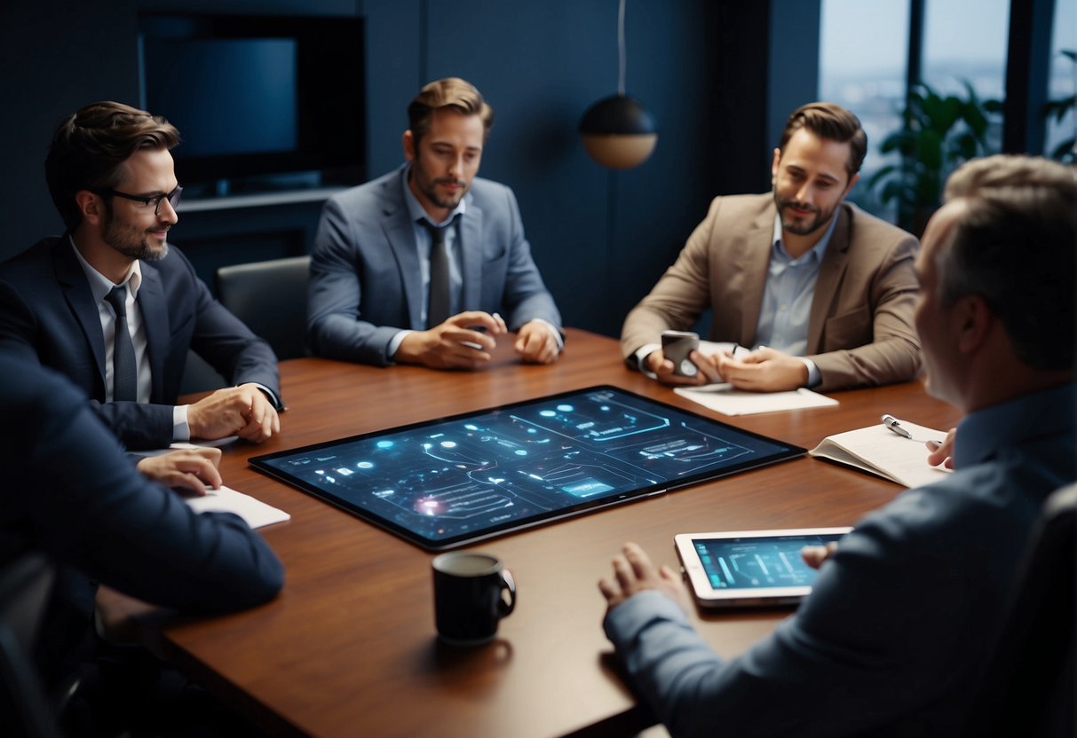 A group of diverse individuals engaging in discussions about AI and its impact on society. They are gathered around a table with various technological devices and charts