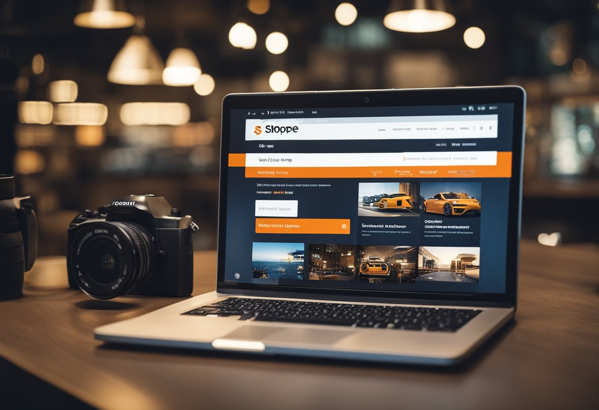 A laptop with Shopee website open, products displayed, and a "Open Shop" button highlighted