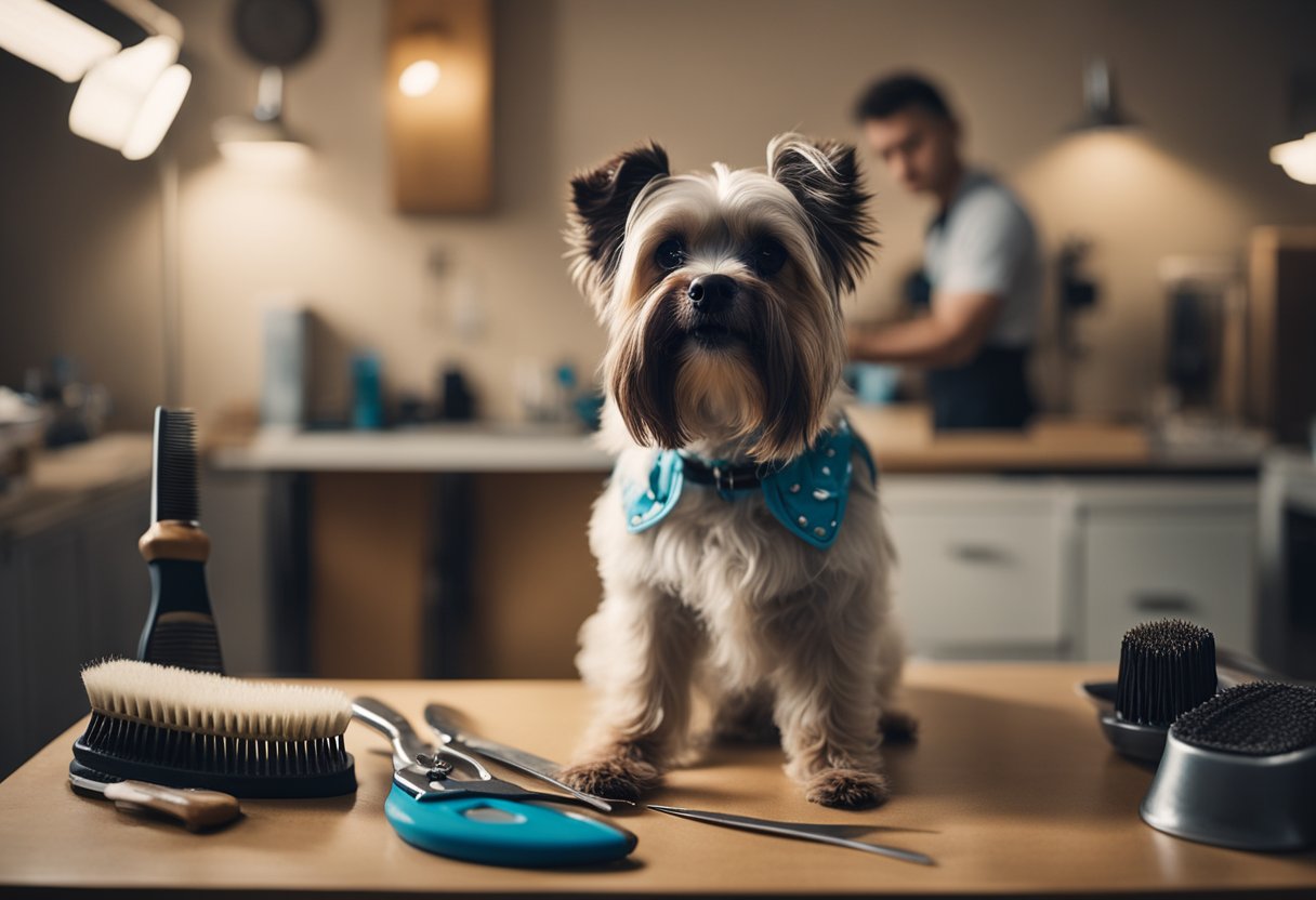 A dog standing on a grooming table, with brushes, combs, and scissors laid out nearby. A person holding a brush and gently grooming the dog's fur
