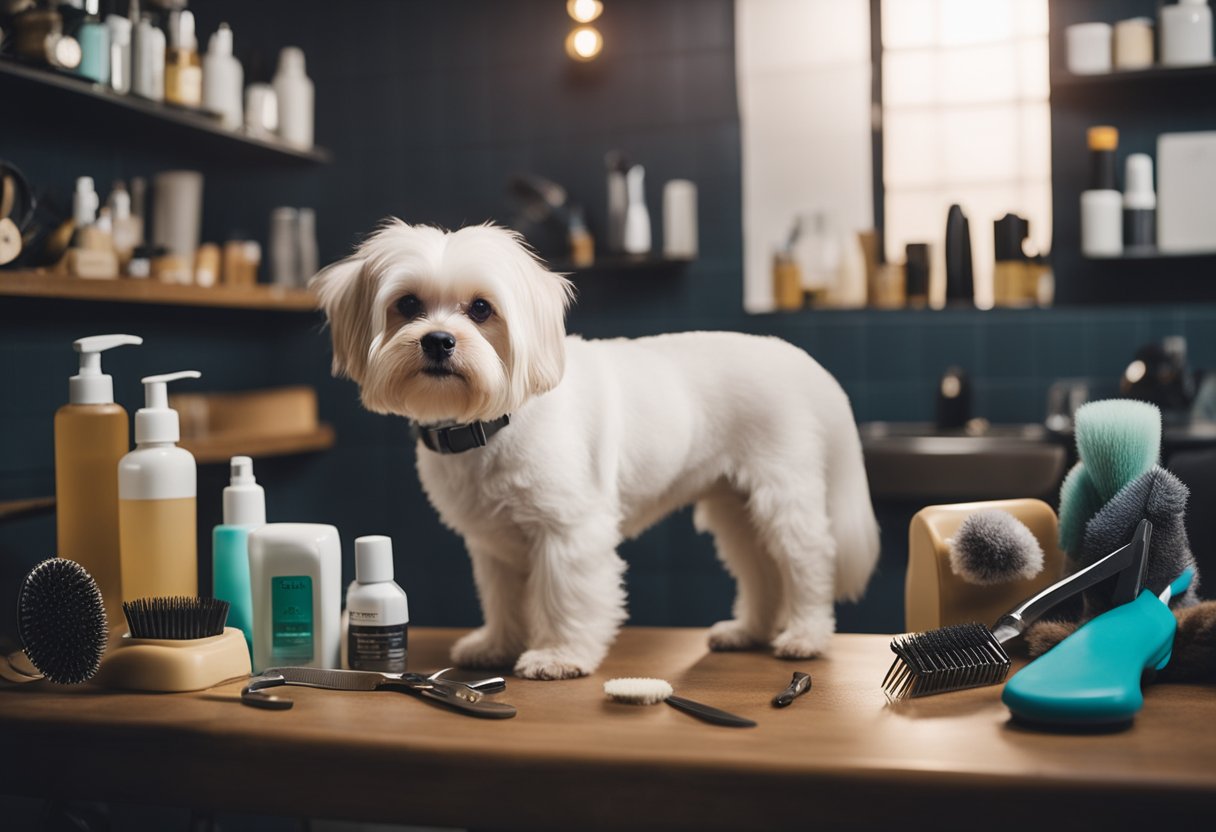 A dog standing on a grooming table, surrounded by grooming tools and products. A groomer is gently brushing the dog's fur, while another is trimming its nails