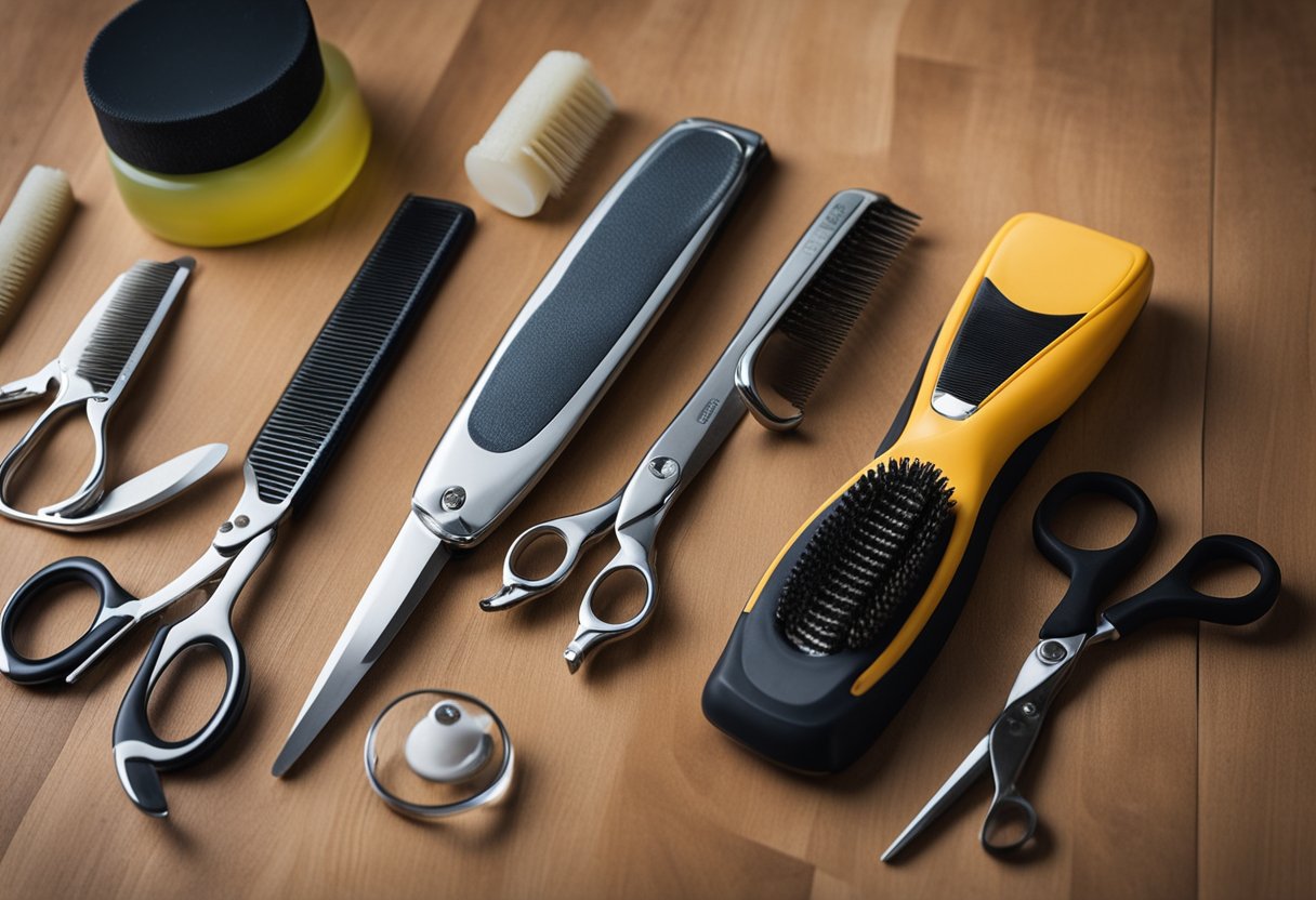 A table with dog grooming tools: brush, comb, scissors, nail clippers, and shampoo. A dog standing nearby, ready for grooming