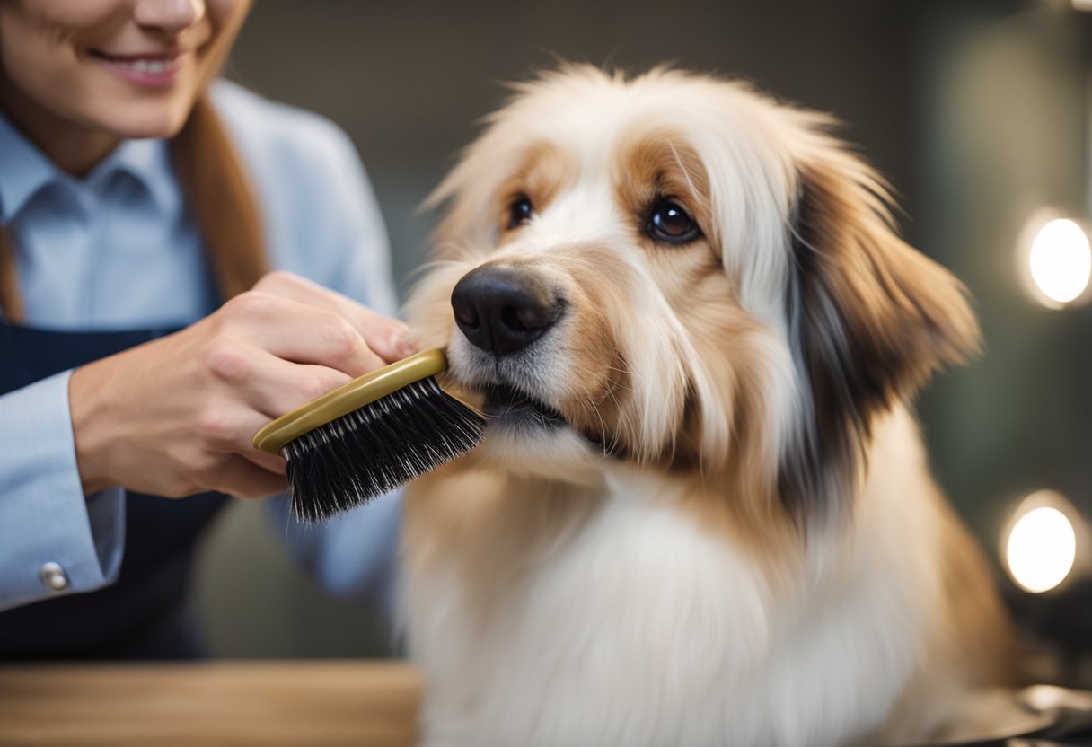 A dog being gently brushed with a slicker brush, the groomer using long, smooth strokes to remove tangles and mats from the fur