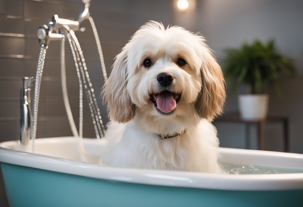 A dog stands in a bathtub, water running, as someone gently lathers and rinses their fur, using a brush to groom them