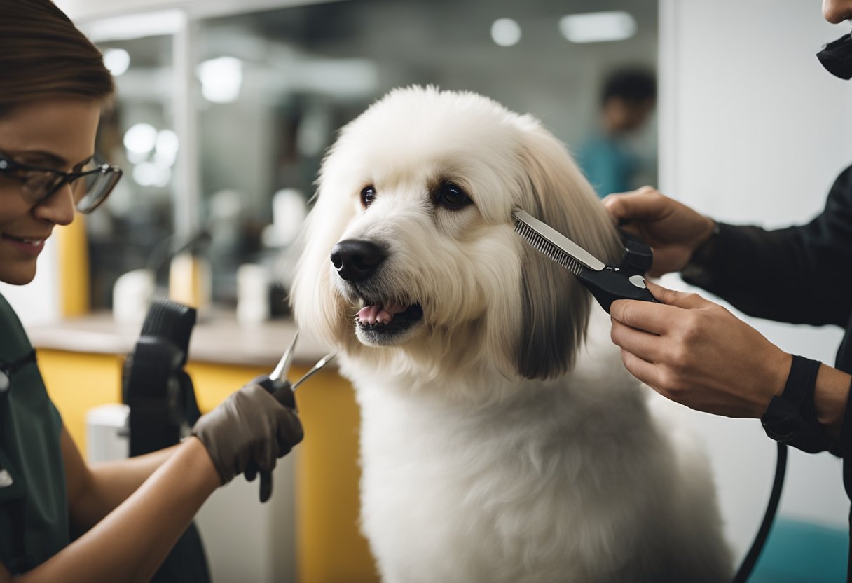A dog sits calmly as a groomer trims its fur with precision and care. The dog's coat is being shaped and styled with scissors and clippers