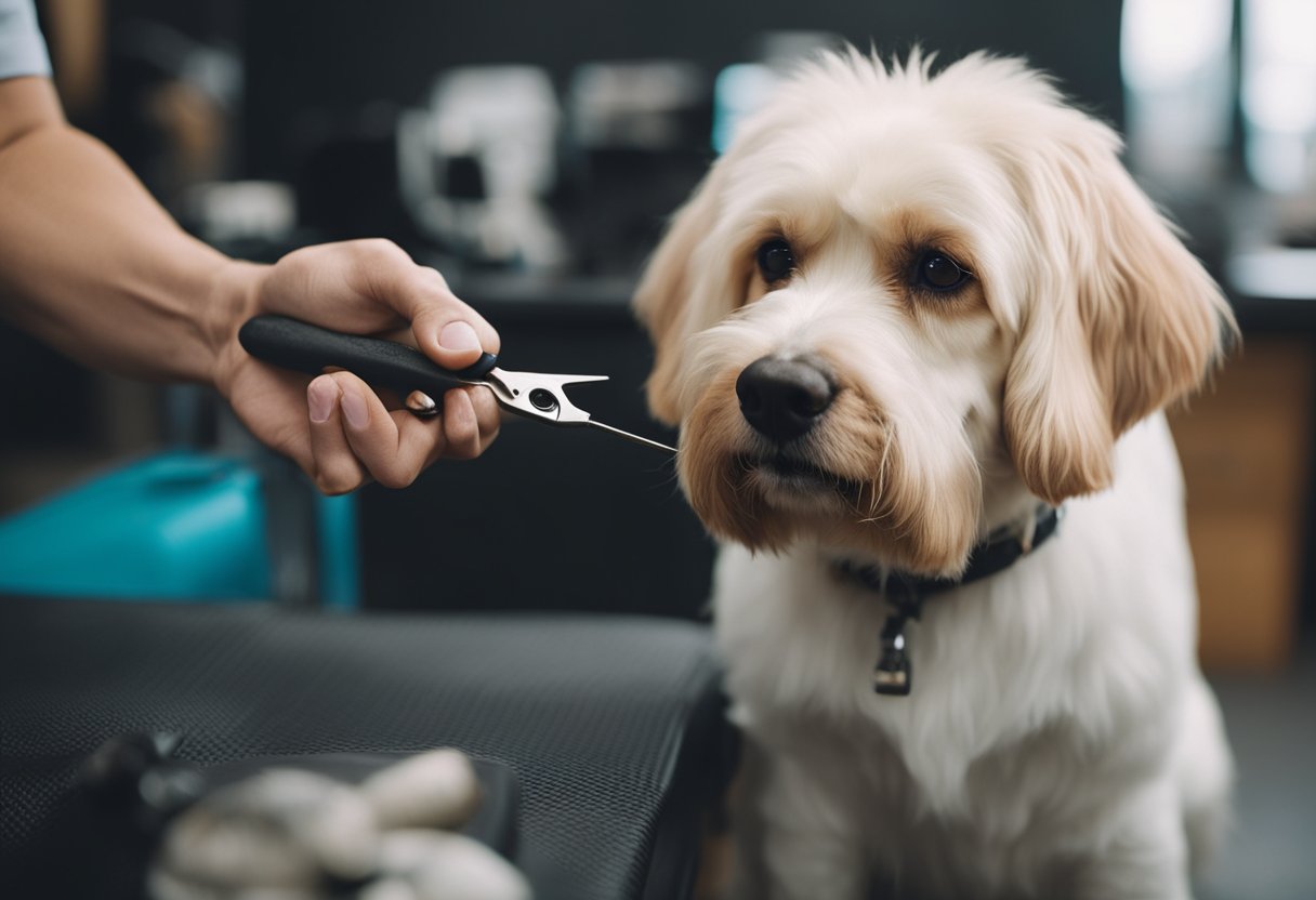 A dog sits calmly as its nails are being clipped by a groomer