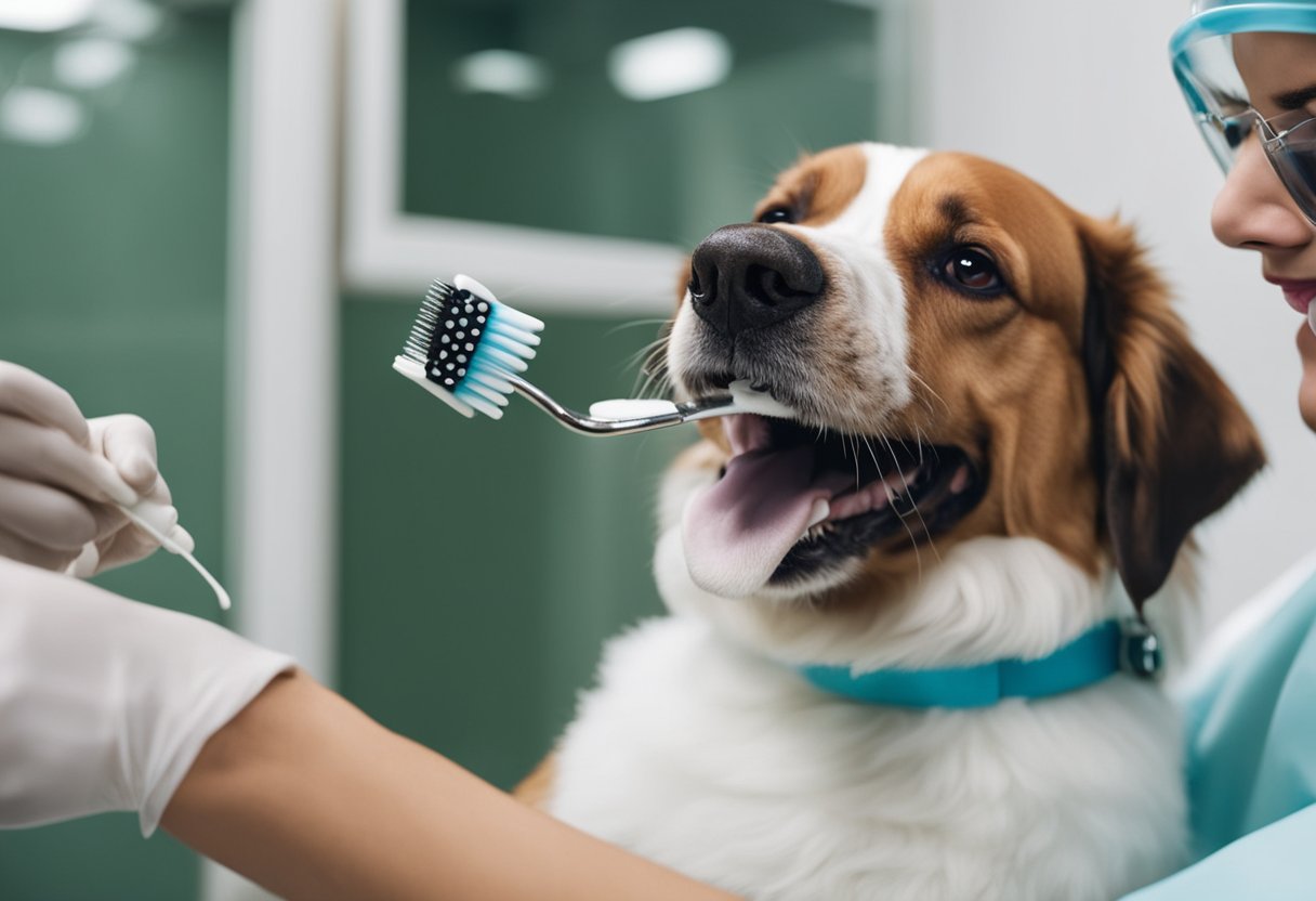 A dog with clean teeth getting groomed by a dental hygienist using a toothbrush and toothpaste