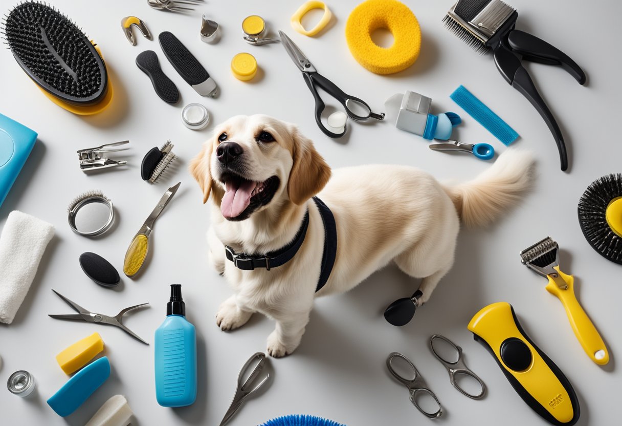 A dog being brushed with a grooming brush, surrounded by various grooming tools such as nail clippers, shampoo, and a towel