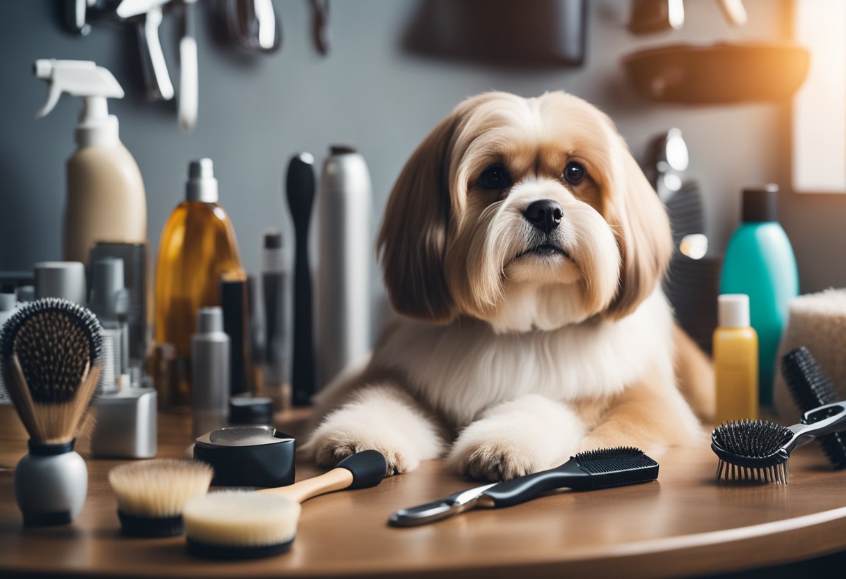 A dog sitting calmly as it is brushed and groomed, surrounded by grooming tools and products on a clean, well-lit surface