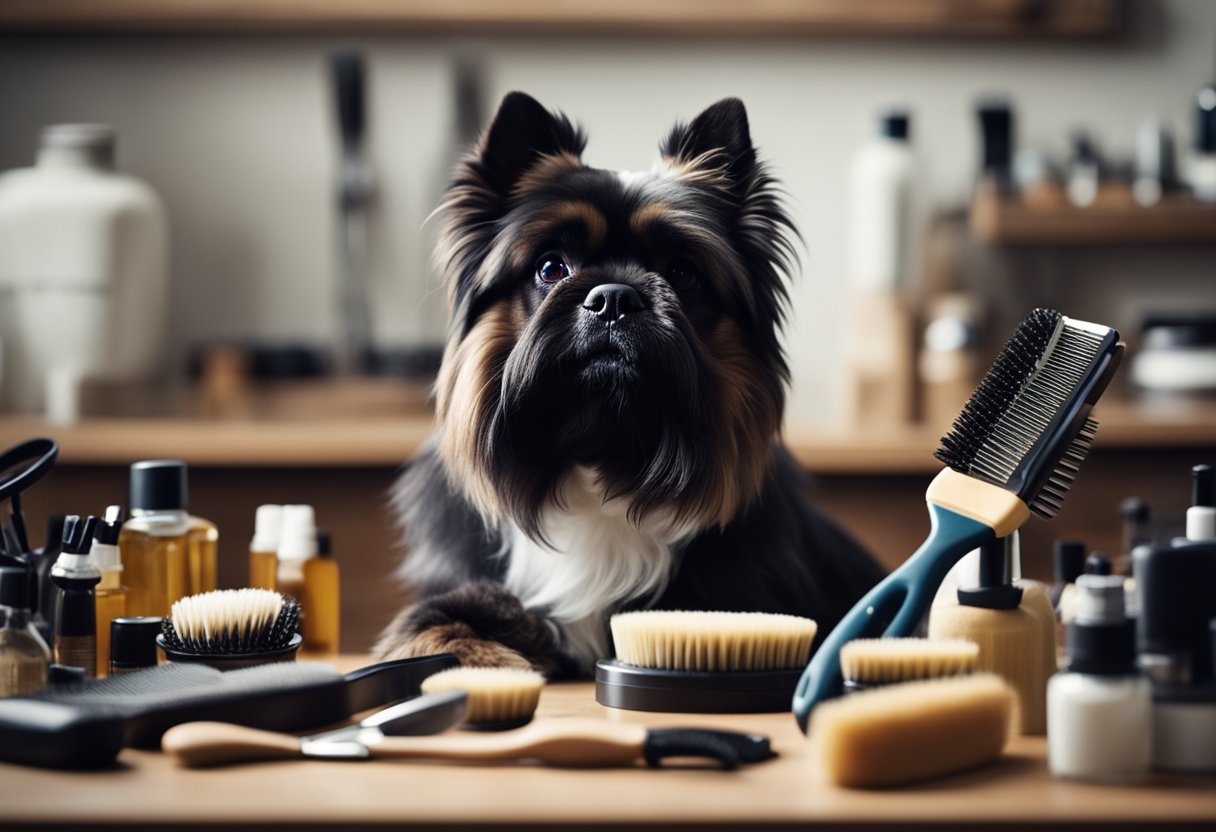 A dog sitting on a grooming table with various grooming tools and products scattered around. A person is holding a brush and comb, ready to groom the dog