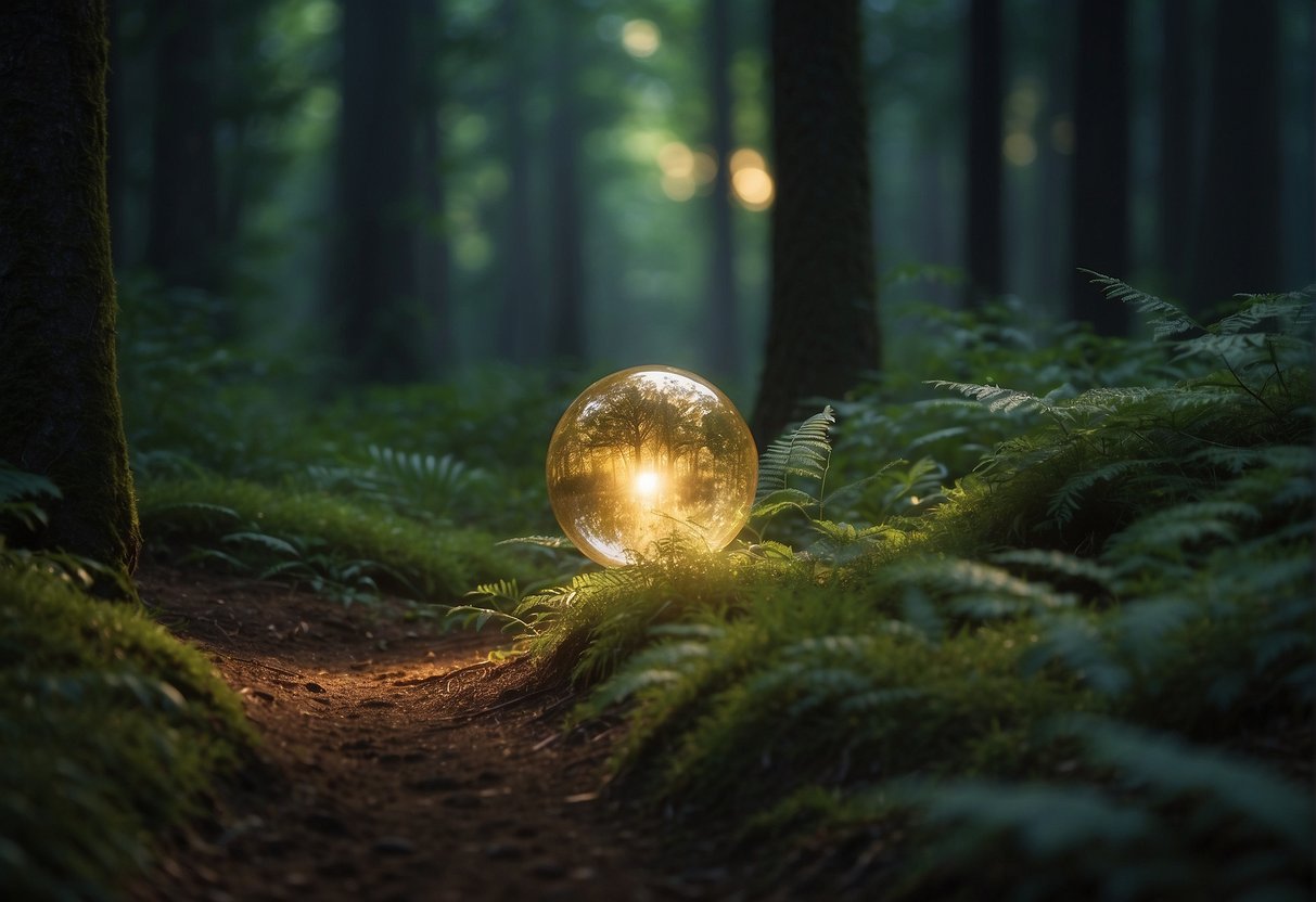 A glowing orb hovers above a winding path through a lush forest, emitting a soft, ethereal light that illuminates the surrounding foliage