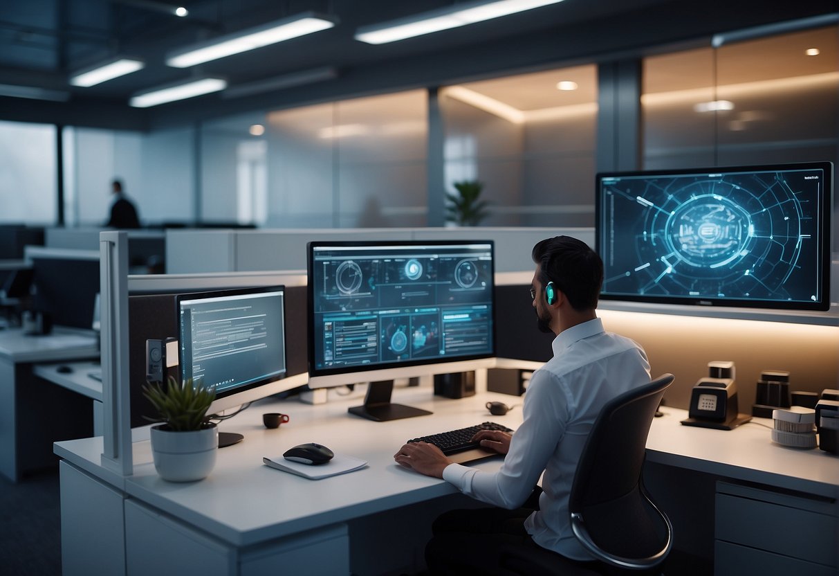 A futuristic office with computers and robots working together seamlessly, representing the advanced workflow automation of Questflow AI