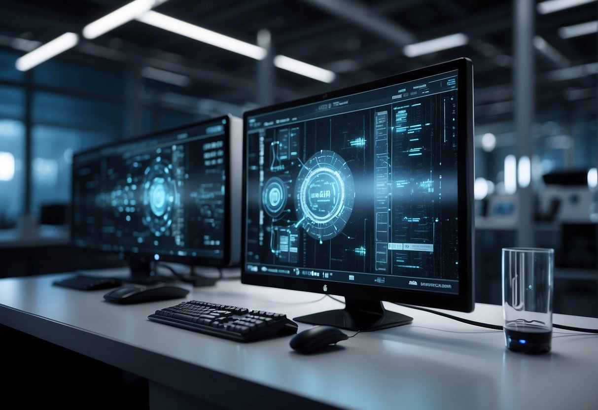 A computer with glowing AI interface analyzing data in a futuristic lab