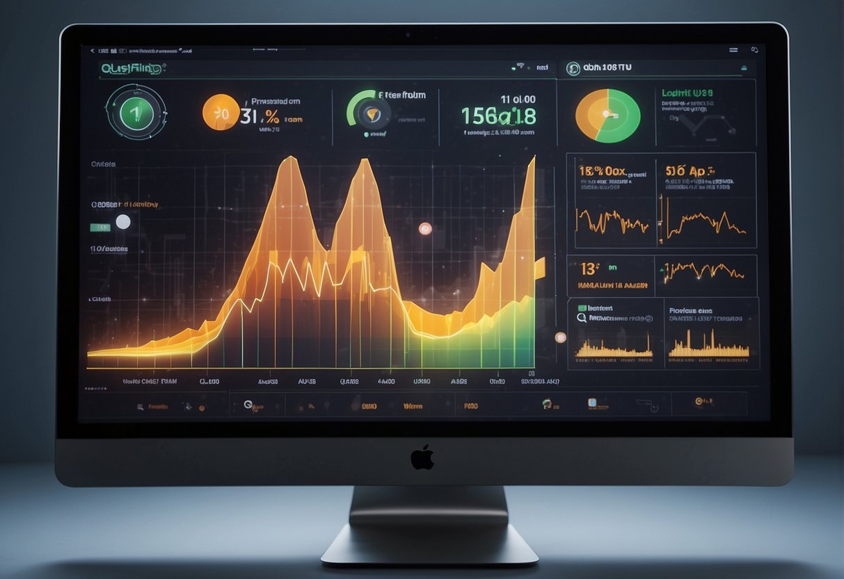 A computer screen displays a feed and updates interface for Questflow AI, with various data visualizations and graphs