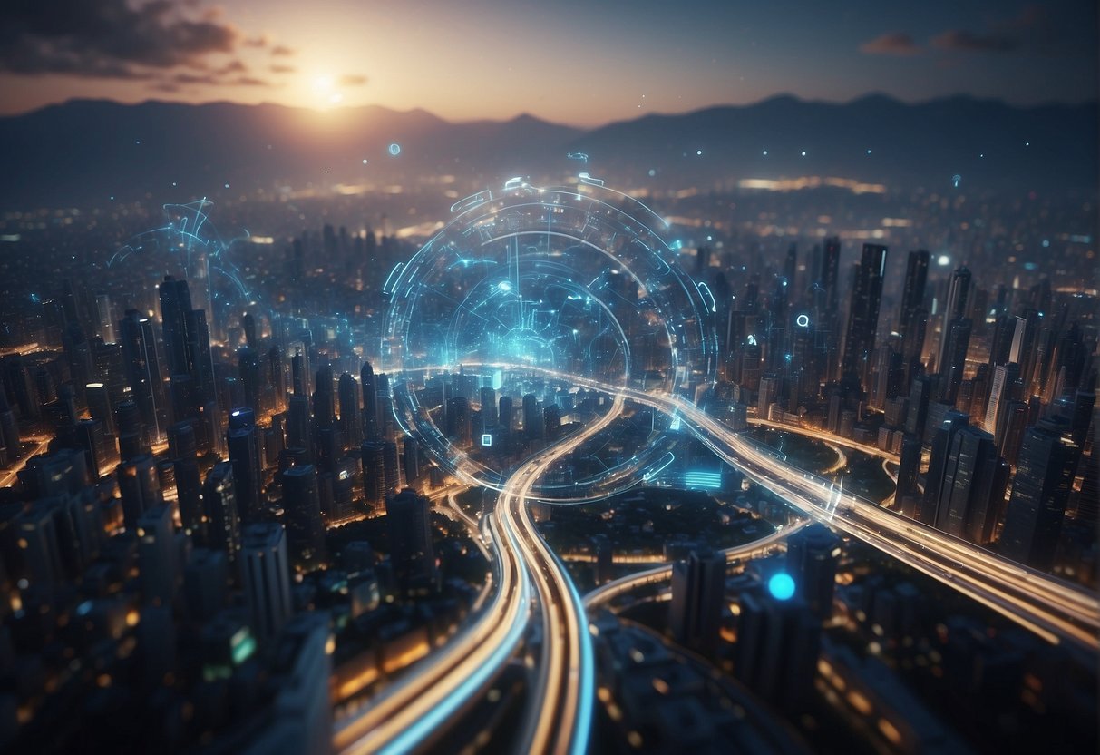 A futuristic city skyline with AI algorithms flowing through digital pathways, surrounded by regulatory compliance symbols