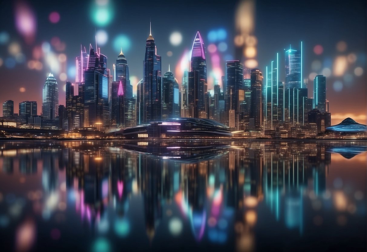 A futuristic cityscape with holographic projections of data and AI technology, showcasing the advancement of Questflow AI