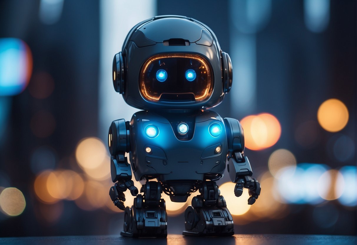 A sleek, modern robot with glowing blue lights stands in a futuristic cityscape, surrounded by towering skyscrapers and flying vehicles