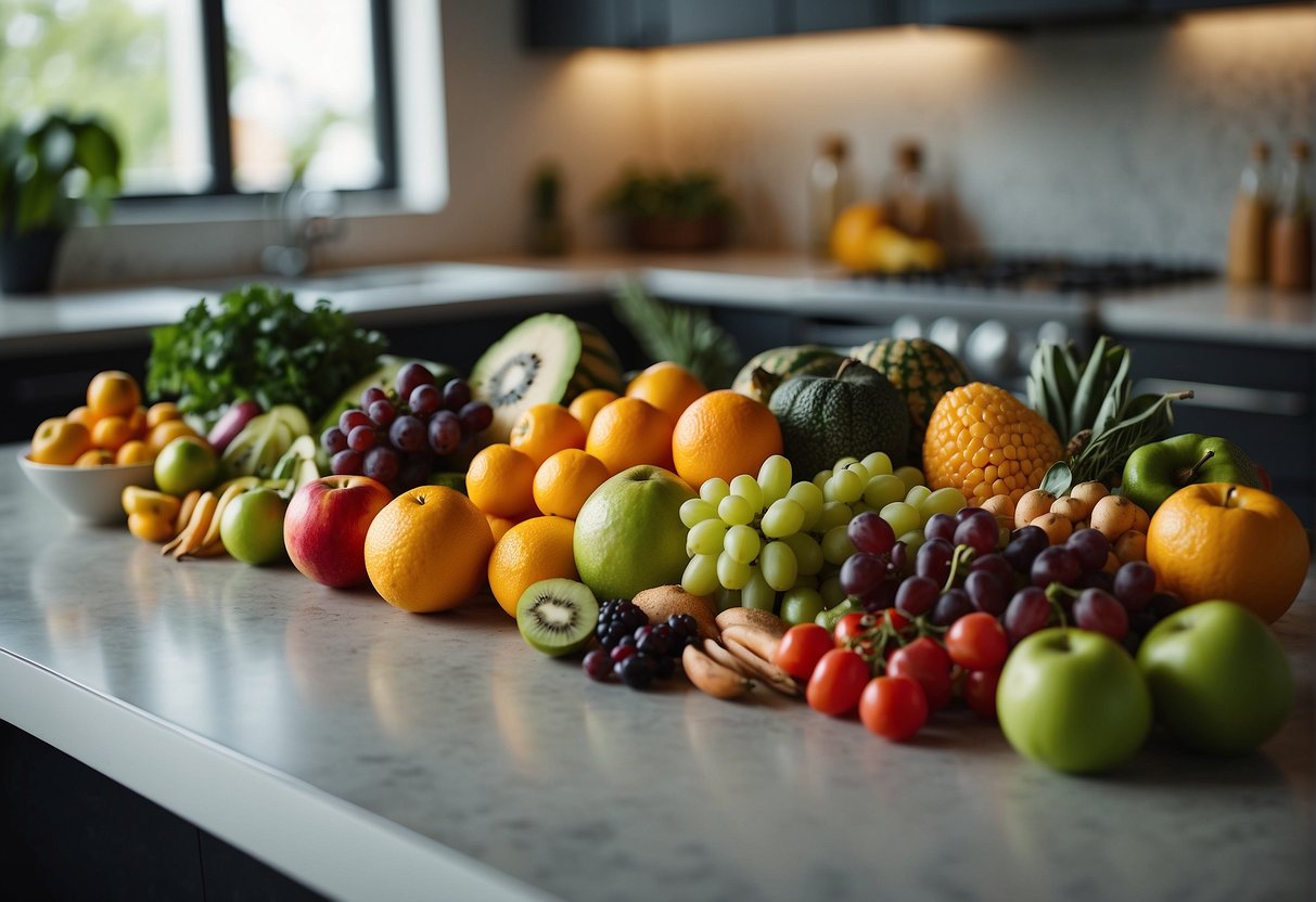 A colorful array of fresh fruits, vegetables, lean proteins, and whole grains arranged on a clean, modern kitchen counter