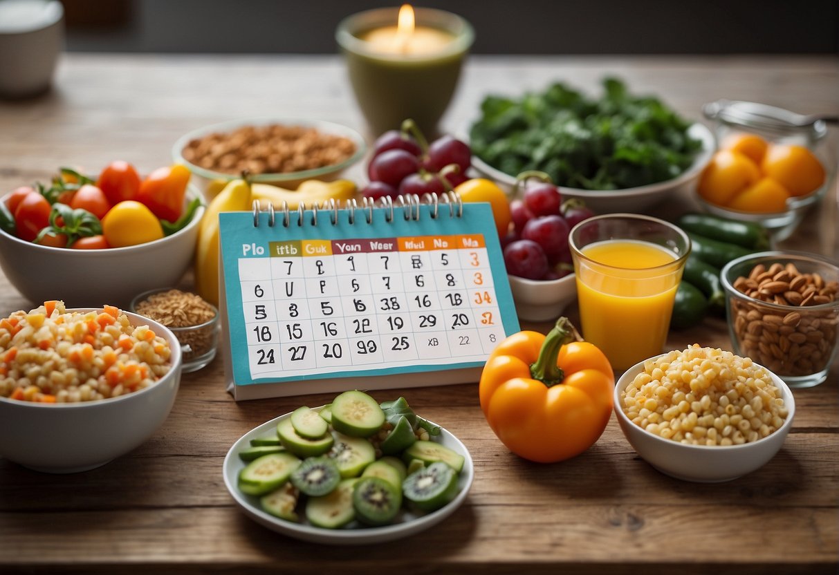 A table set with colorful, nutrient-rich foods in portioned servings. A calendar with "MetaBoost 7 Day Meal Plan" written on it. Bright, natural lighting illuminates the scene