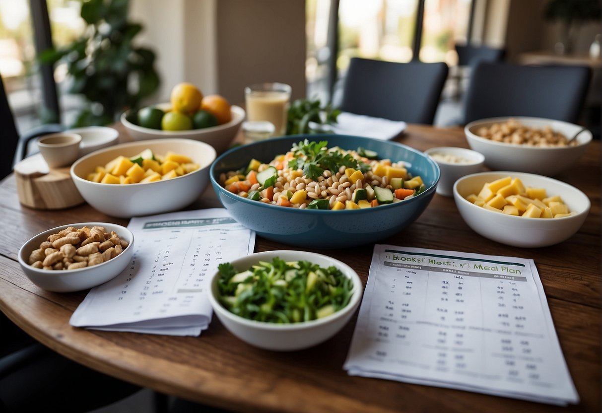 A table set with various healthy meal options, a calendar with "MetaBoost 7 day meal plan" written on it, and a list of considerations and potential risks related to the meal plan