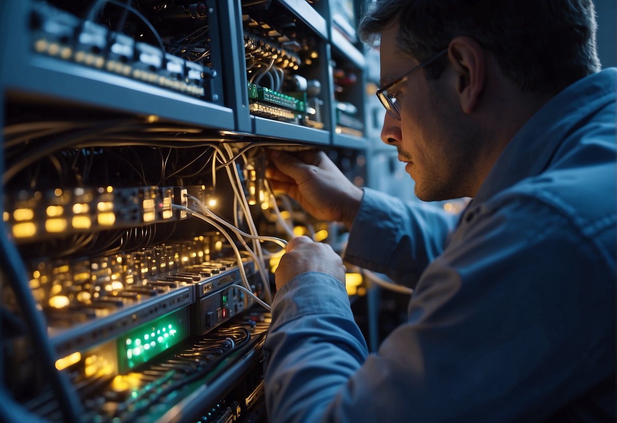 A technician examines a complex network of wires and circuits, using diagnostic tools to identify and fix issues