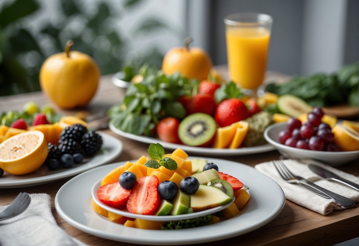 A table set with colorful, nutritious meals for each day of the week, surrounded by fresh fruits and vegetables