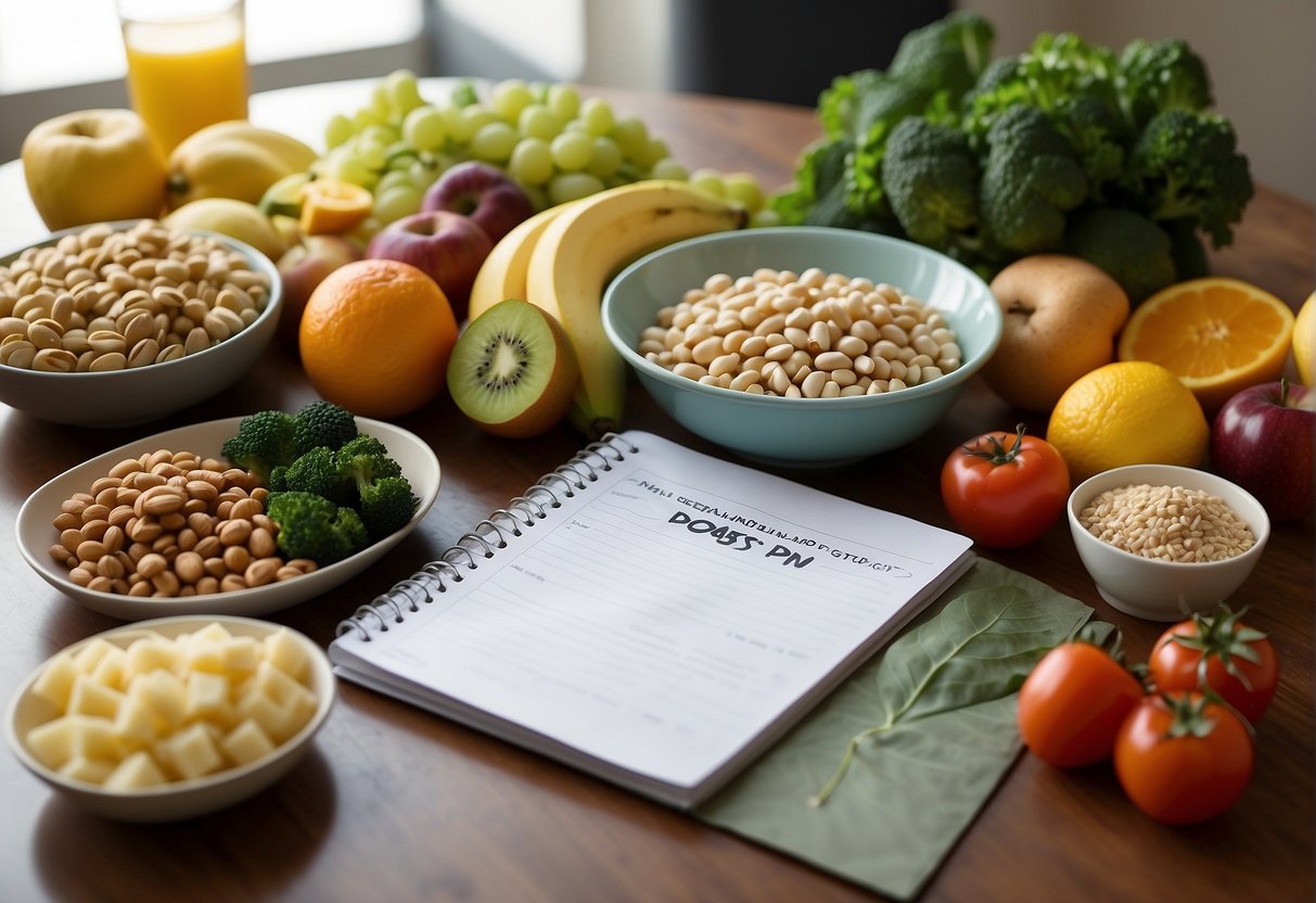 A colorful spread of healthy foods arranged on a table, including fruits, vegetables, lean proteins, and whole grains. A meal plan booklet sits next to the spread, with the title "MetaBoost 7 day meal plan" prominently displayed