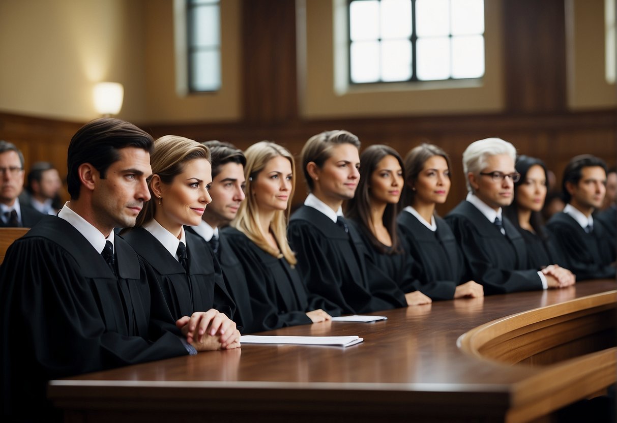 A courtroom scene with judges and lawyers discussing face swapping laws