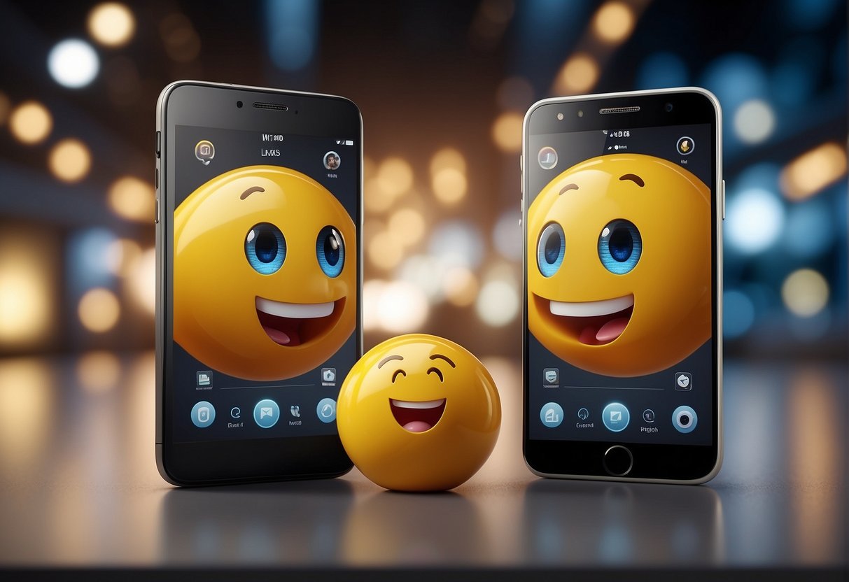 Two devices face each other, one with a smiling emoji and the other with a surprised one, as they seamlessly swap facial expressions