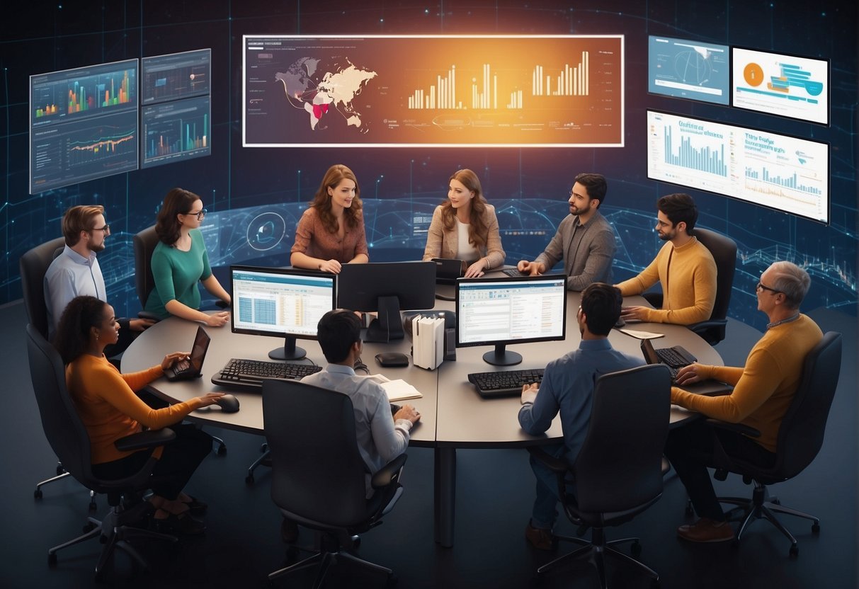 A diverse group of people collaborating on computers, surrounded by charts and graphs, working on open source AI models for community development