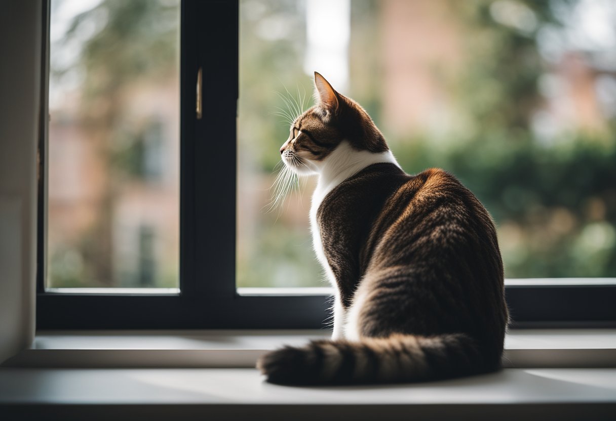 A cat perched on a windowsill, tail flicking and ears alert, observing the world outside with curiosity and a hint of mischief in its eyes