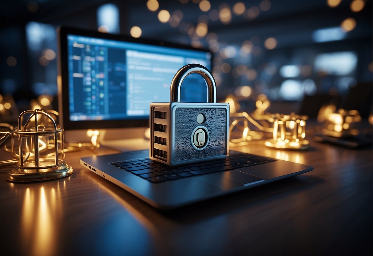 A computer with a lock symbol surrounded by safety barriers, with an open book representing ethics, and a control panel for open source AI models