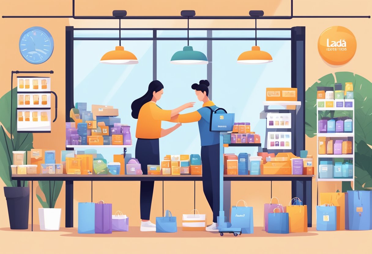 A person setting up a Lazada store: arranging products, setting up signage, and preparing for business