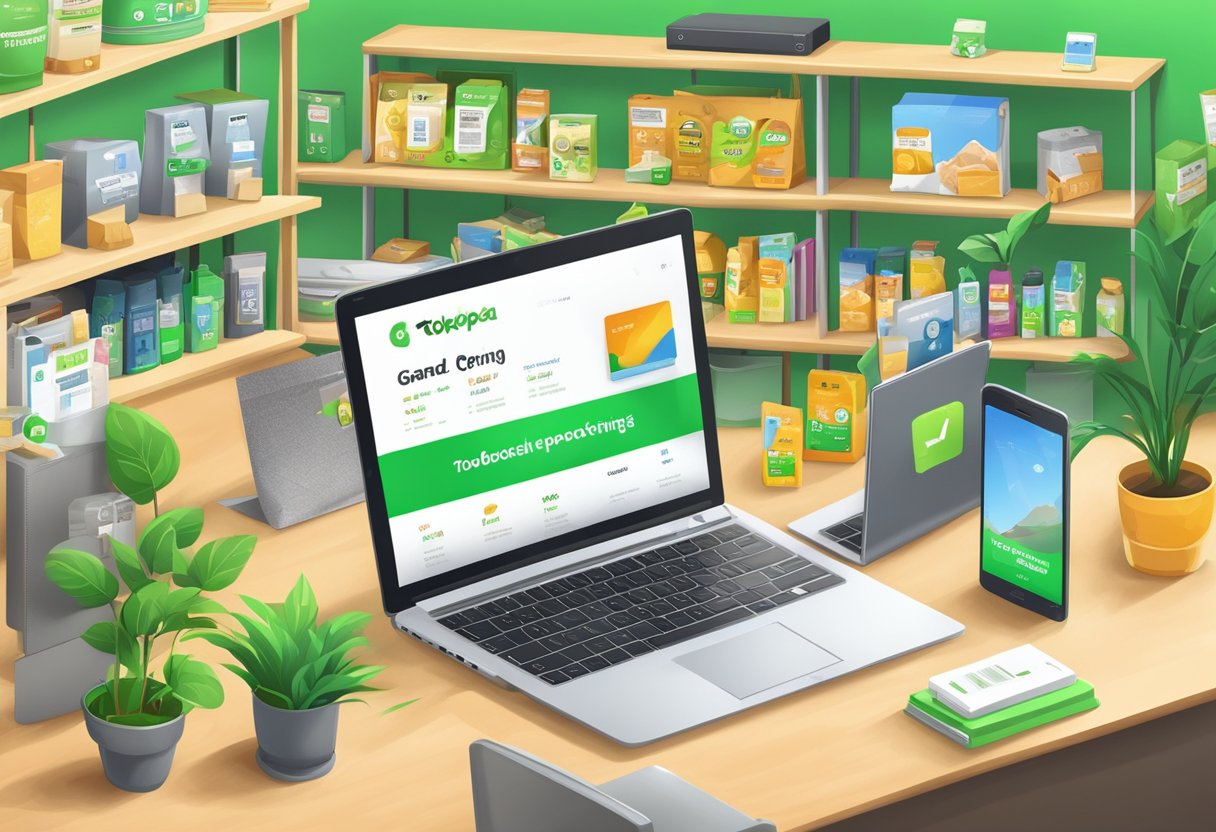 A laptop and smartphone display the Tokopedia website. A sign reads "Grand Opening" with products neatly arranged on shelves