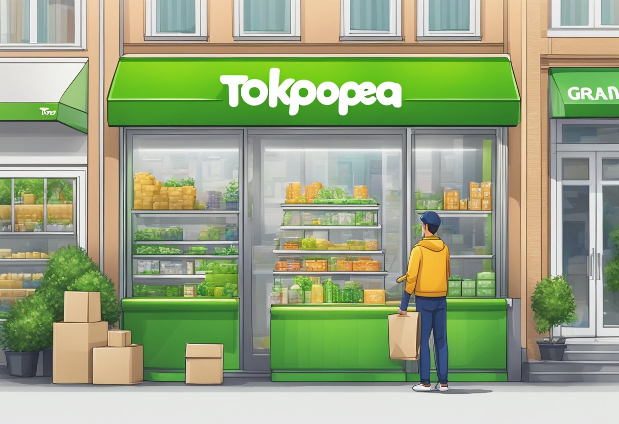 A person setting up a storefront on Tokopedia, arranging products and preparing for the grand opening