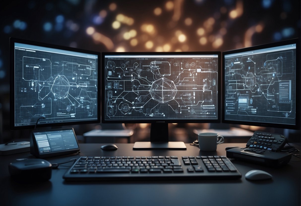 A computer screen displaying a flowchart with interconnected nodes and arrows, surrounded by various digital devices and tools
