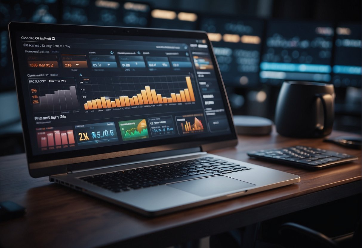 A computer screen displaying a content strategy dashboard with performance metrics. A hand hovering over a keyboard, ready to input data