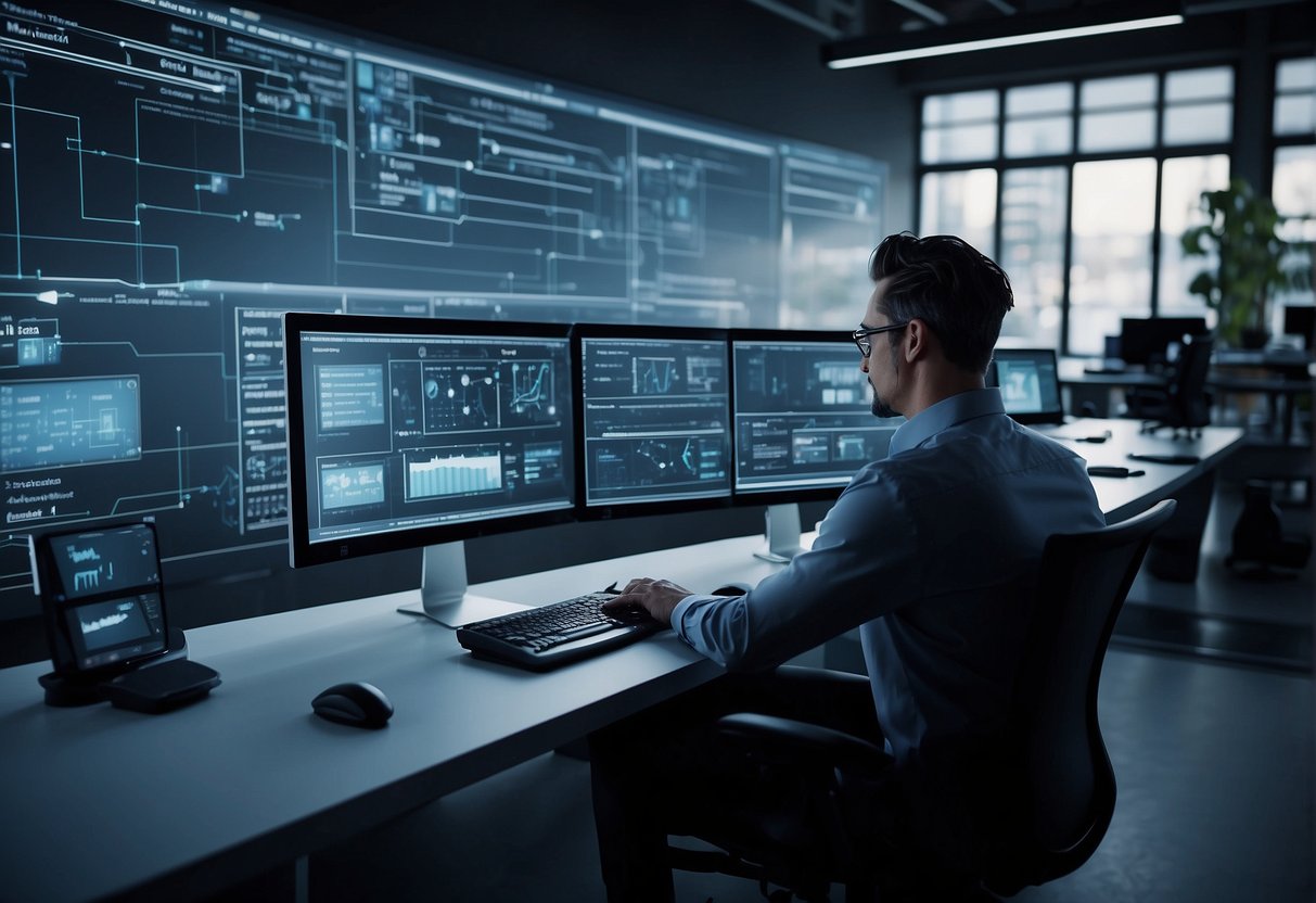 A computer screen displaying a flowchart with interconnected processes and automated tasks, surrounded by digital tools and devices for optimizing workflow and productivity