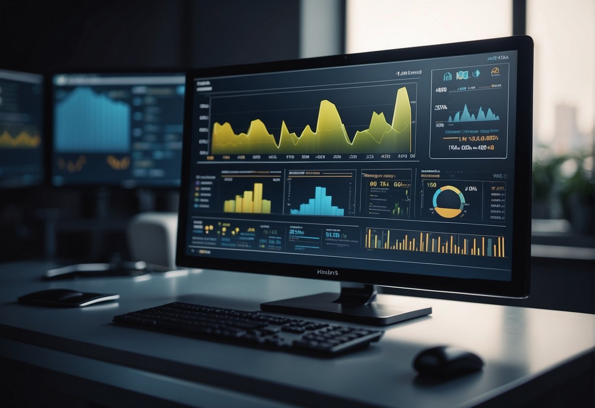 A computer screen displaying various data charts and graphs, with a digital dashboard in the background
