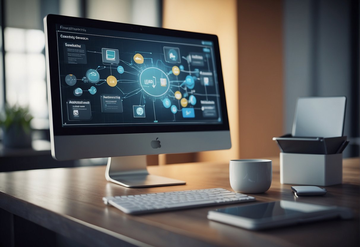 A computer screen displaying a flowchart of automated lead generation and nurturing content. A series of interconnected arrows and boxes represent the automated process