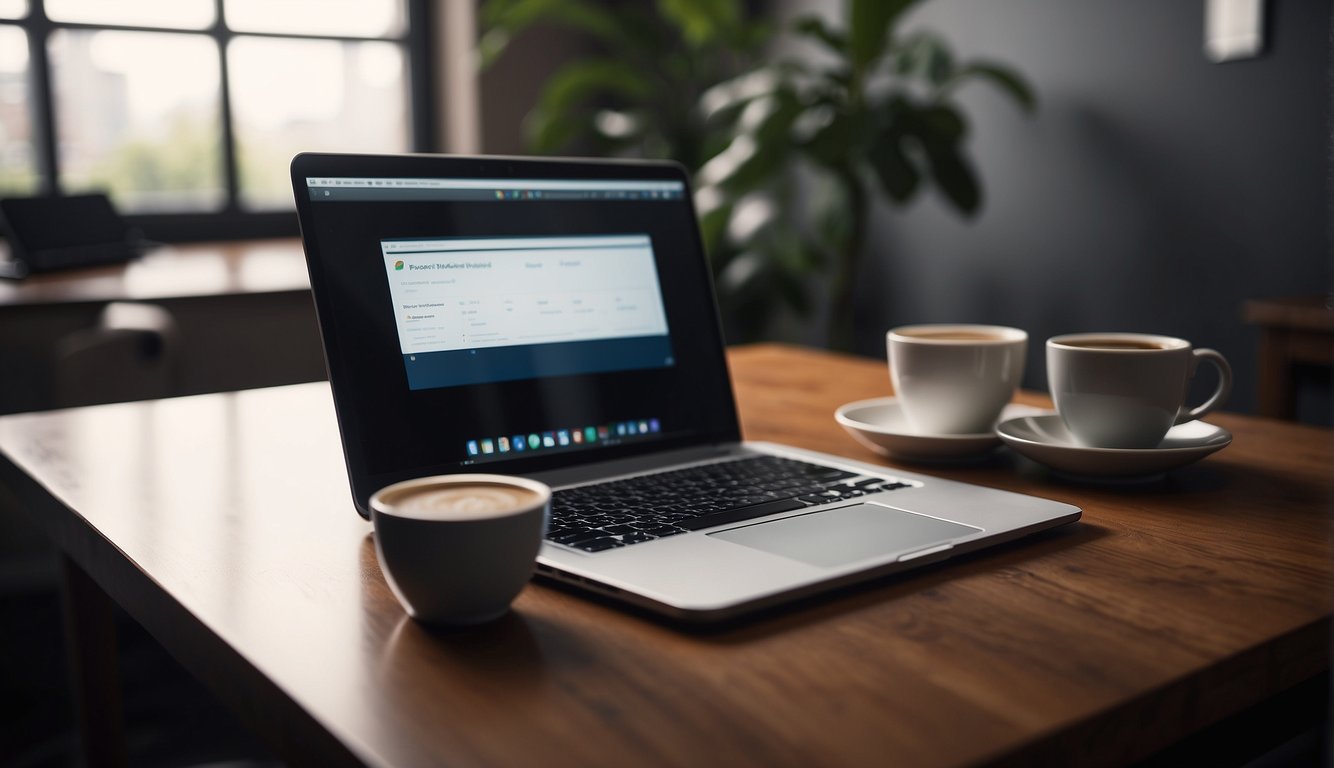 A laptop with a blank screen, a notebook, and a pen on a desk. A cup of coffee sits nearby. The room is quiet and orderly