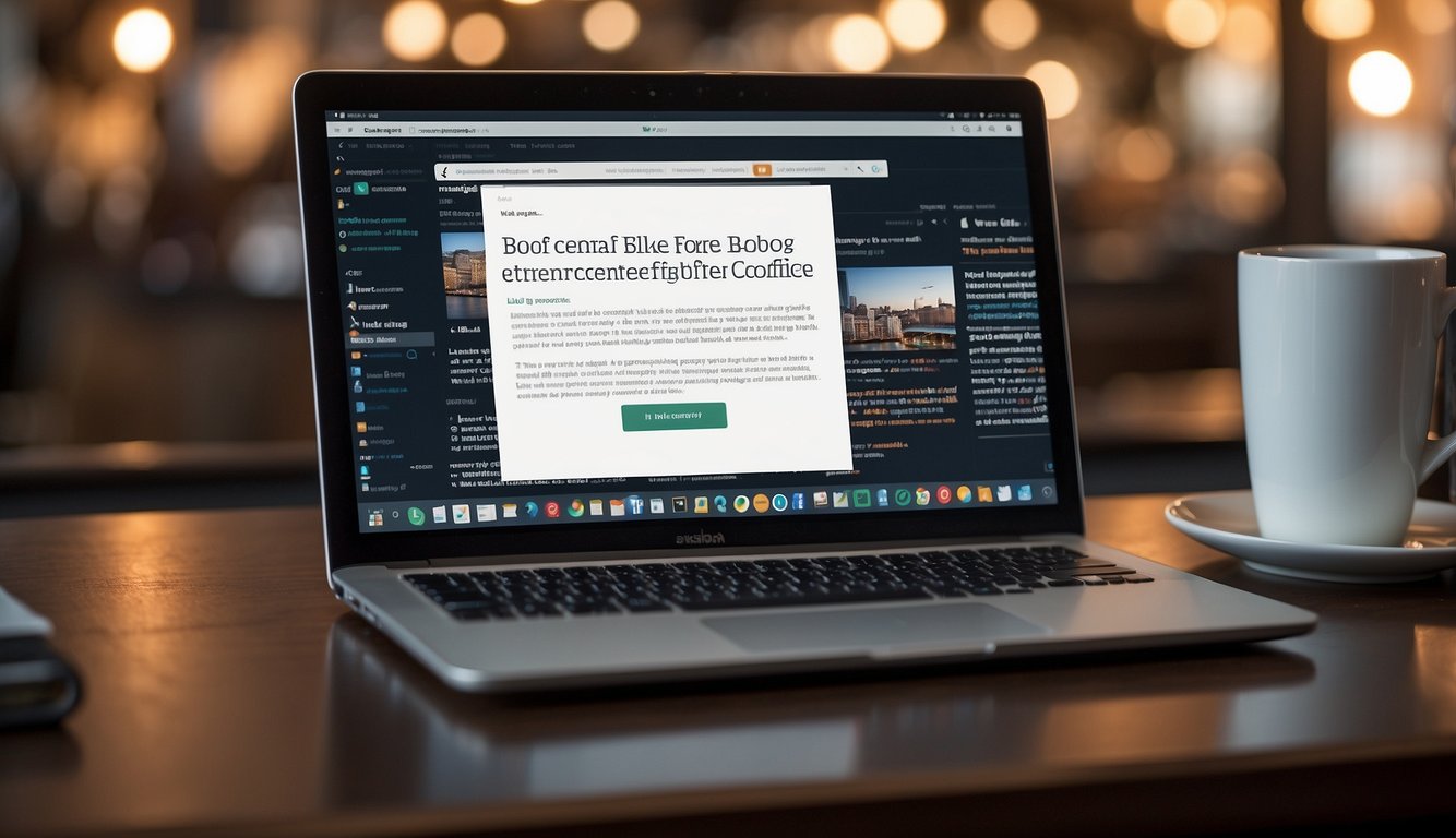 A laptop with a blog post on the screen, surrounded by a notebook, pen, and coffee mug