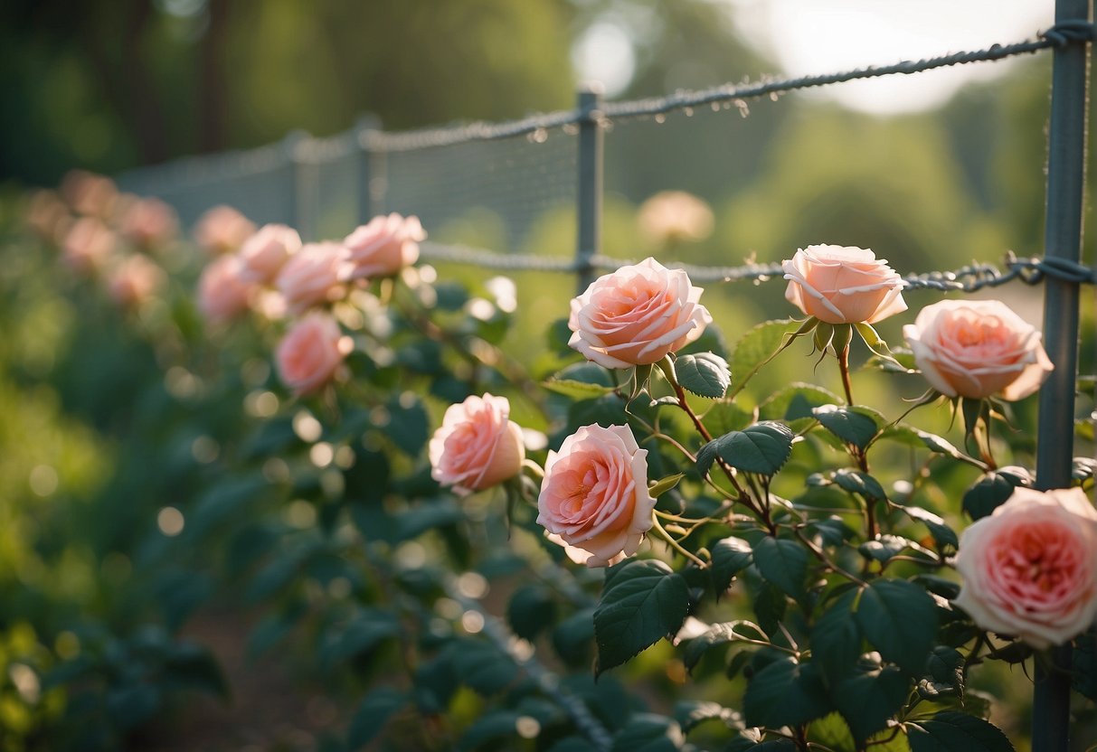 Roses surrounded by a barrier of fine mesh netting to prevent Japanese beetles from reaching the leaves and flowers