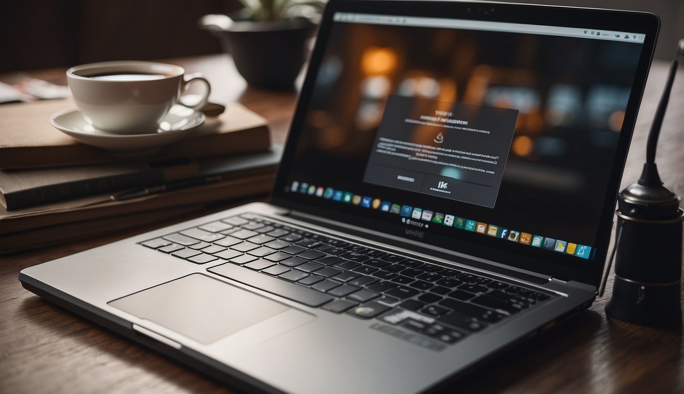 A laptop with a blank screen surrounded by open books and a pen. A cup of coffee sits nearby