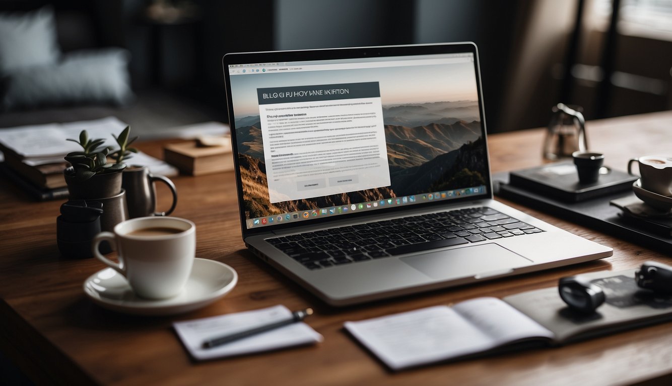 A laptop with a split screen showing a blog post on one side and copywriting samples on the other, surrounded by research materials and a pen