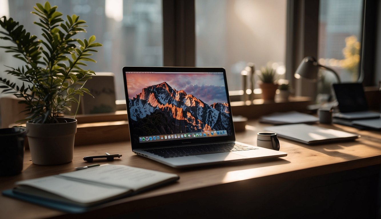 A laptop sits open on a cluttered desk, surrounded by notebooks and pens. A window lets in natural light, casting a warm glow on the workspace