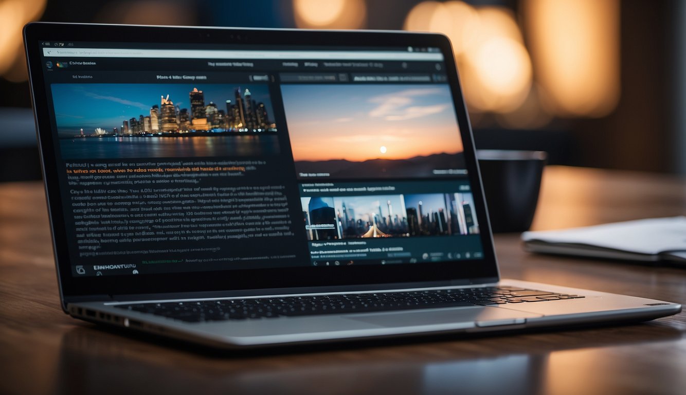 A laptop with a blog post on the screen, surrounded by various multimedia content such as videos, images, and infographics
