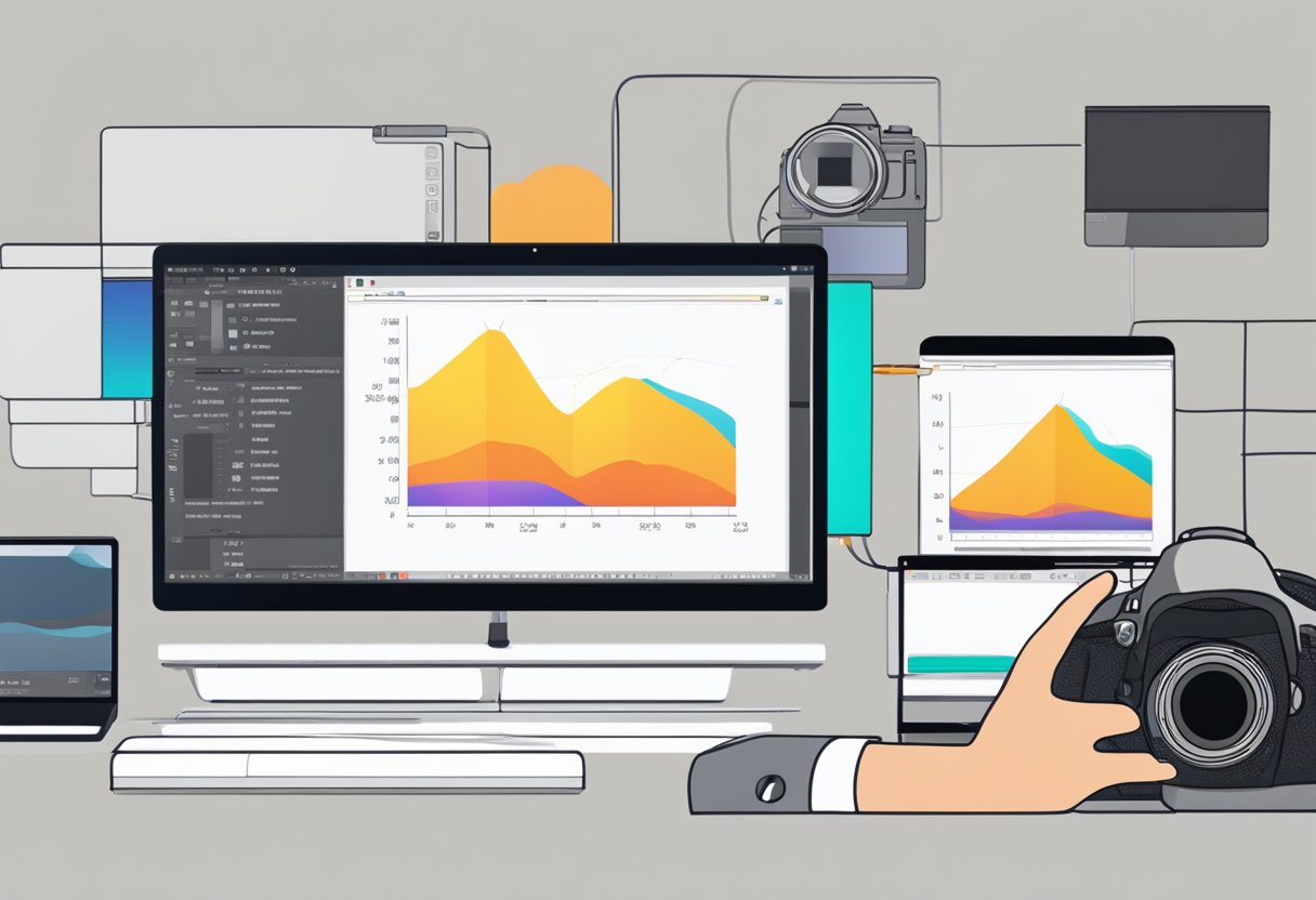 A camera capturing a photo, a computer screen displaying the image, and a hand using a software to convert it into a PDF