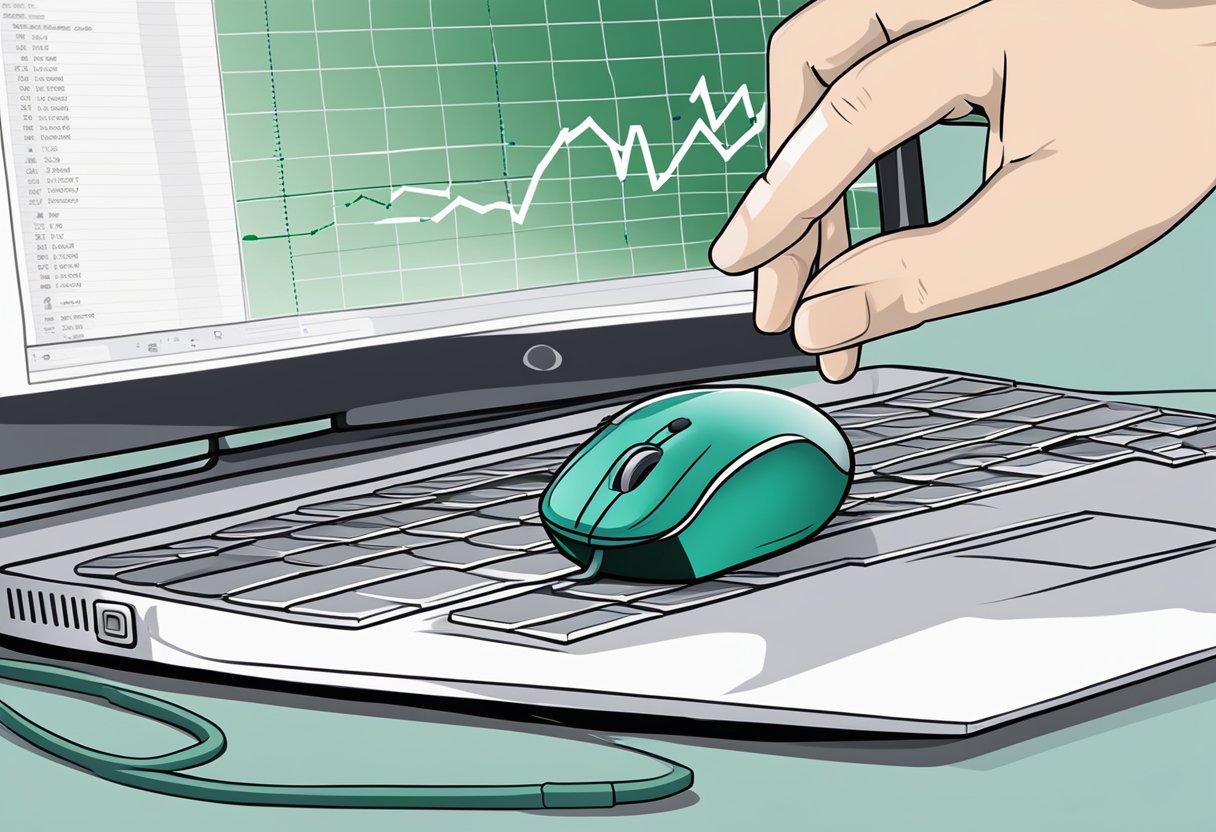 A hand holding a computer mouse, clicking and dragging to create a graph in Excel