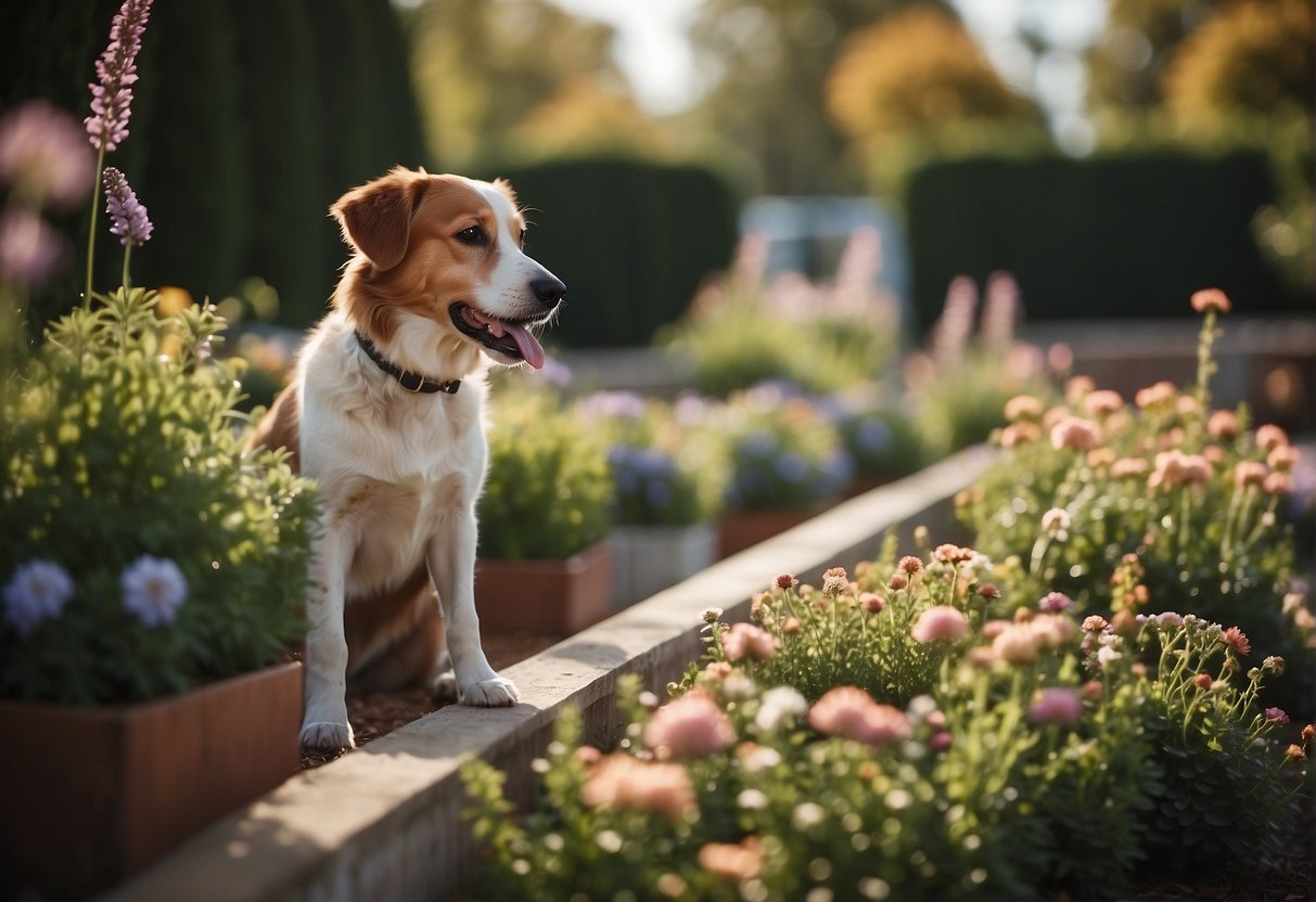Dogs being deterred from flower beds by a low fence or barrier