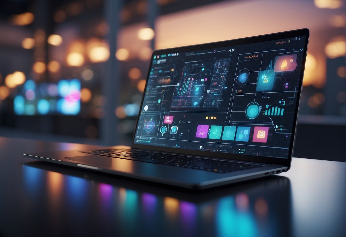Various AI tools floating in a digital space, each representing a different function. Bright colors and sleek designs give a futuristic feel